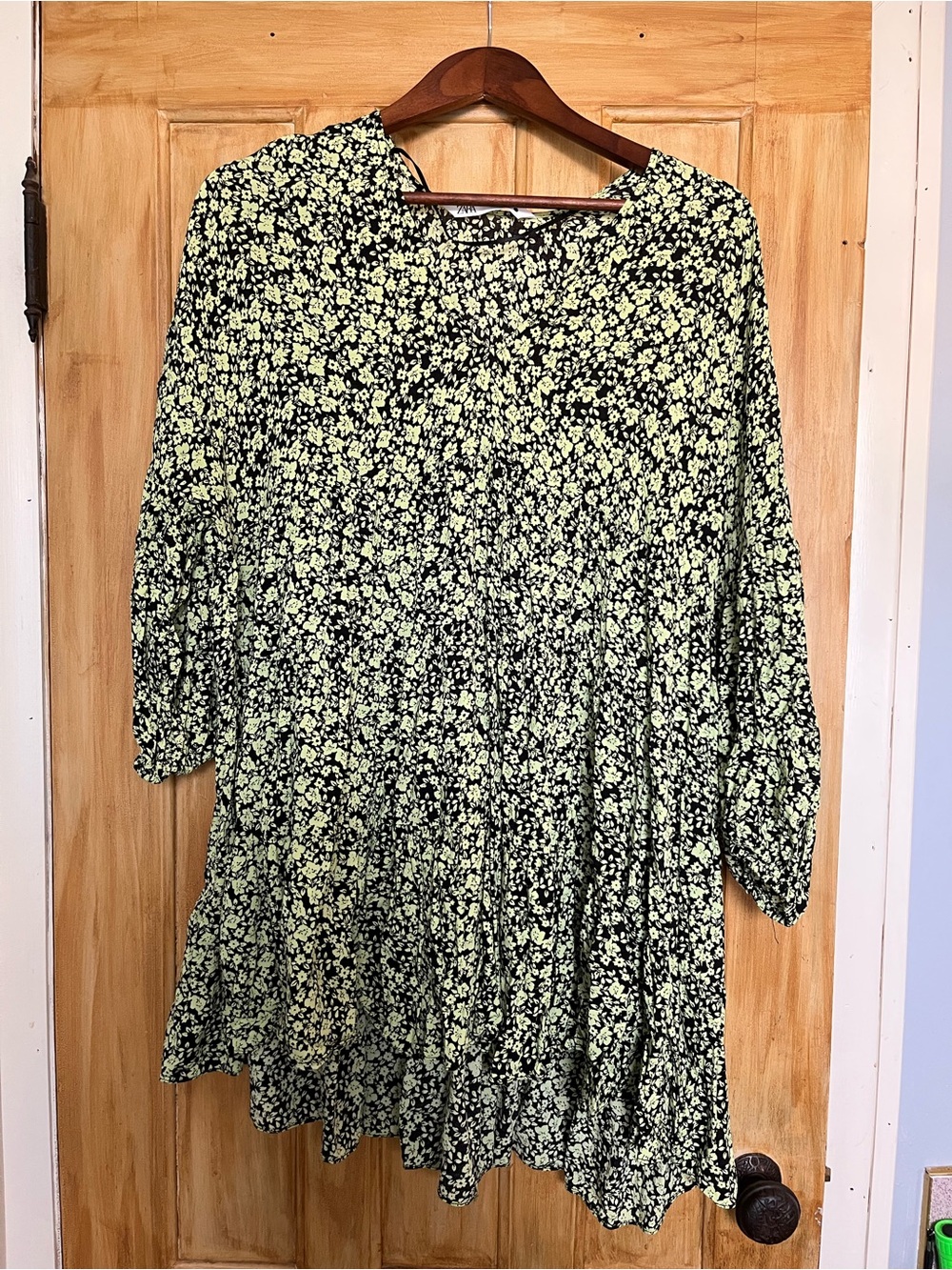 Zara Black and Green Floral Tiered Mini Dress